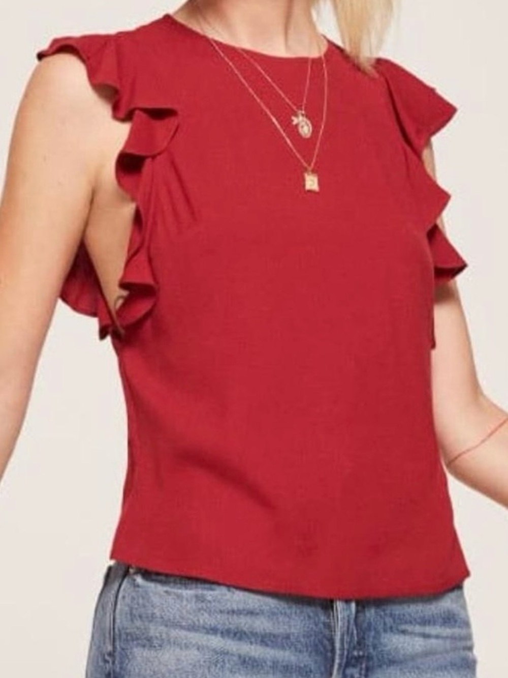 Reformation Cherry Red Ruffle Short Sleeve Blouse Feminine Lightweight Chic
